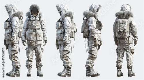 Arctic Expedition Guide: A resilient guide in fur-lined parka and snow boots. 3d render in minimal style isolated on white backdrop. Character sheet. Multiple Different Angles
