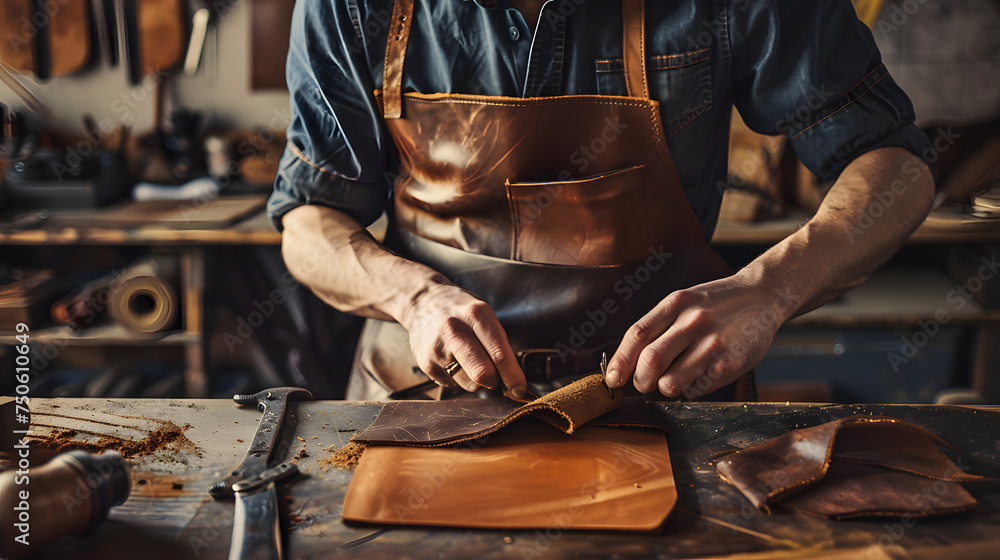Capture the intricate details of a skilled artisan crafting a one-of-a-kind handmade leather journal, surrounded by tools and materials, in the midst of a creative midjourney. - obrazy, fototapety, plakaty 