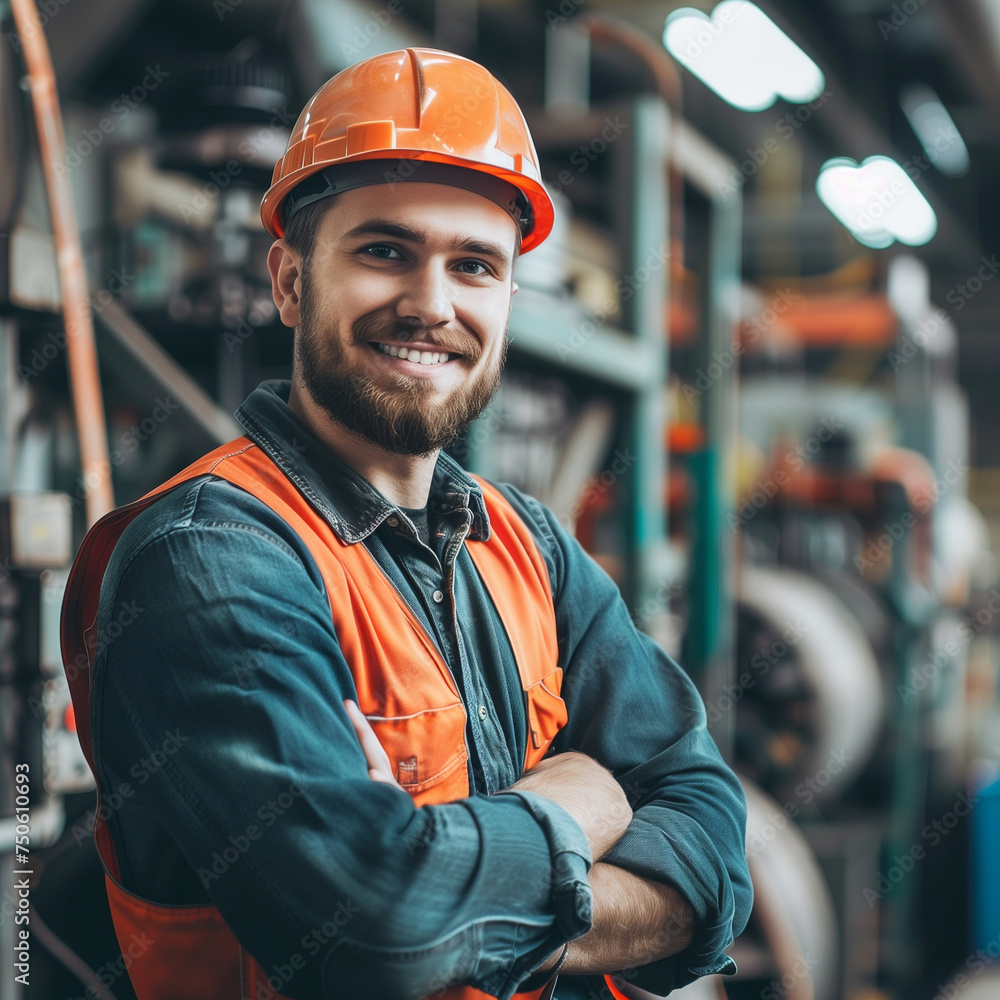 portrait of a worker in a factory standing and smiling at camera, smiling worker wearing safety jacket and helmet portrait of a worker in a factory standing and smiling at camera, smiling worker wearing safety jacket and helmet