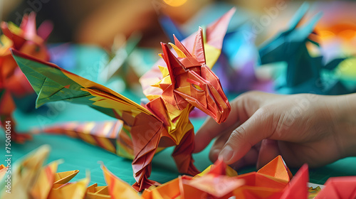 The skill of a paper artisan handcrafting unique and intricate origami pieces, with a focus on the precision and delicacy involved in the folding process, against a backdrop of colorful paper sheets. photo