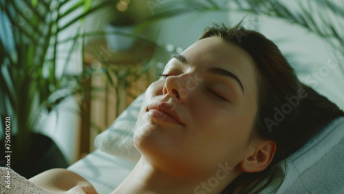 Serene moment as a woman enjoys a facial massage at a tranquil spa.