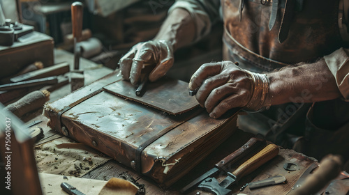 Capture the intricate details of a skilled artisan crafting a one-of-a-kind handmade leather journal, surrounded by tools and materials, in the midst of a creative midjourney.