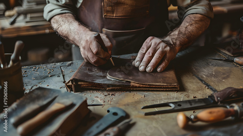 Capture the intricate details of a skilled artisan crafting a one-of-a-kind handmade leather journal, surrounded by tools and materials, in the midst of a creative midjourney.