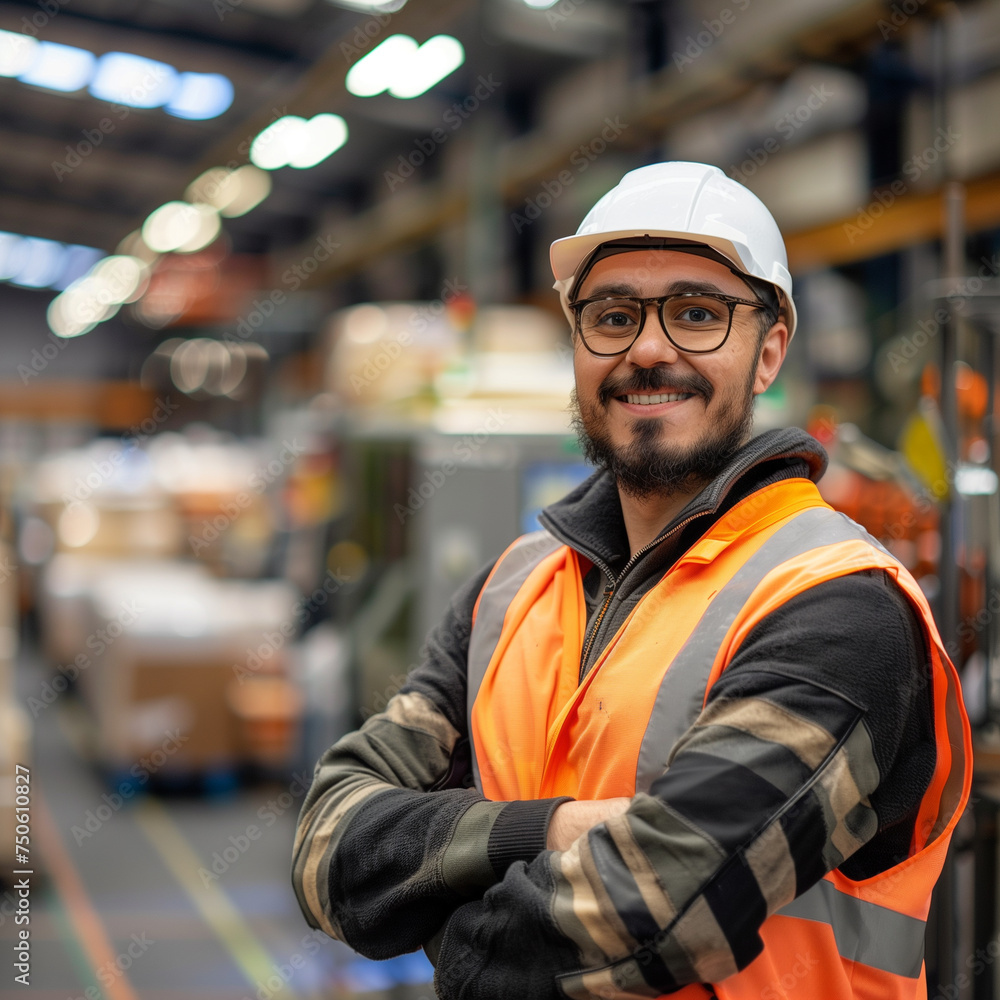 portrait of a worker in a factory standing and smiling at camera, smiling worker wearing safety jacket and helmet portrait of a worker in a factory standing and smiling at camera, smiling worker wearing safety jacket and helmet