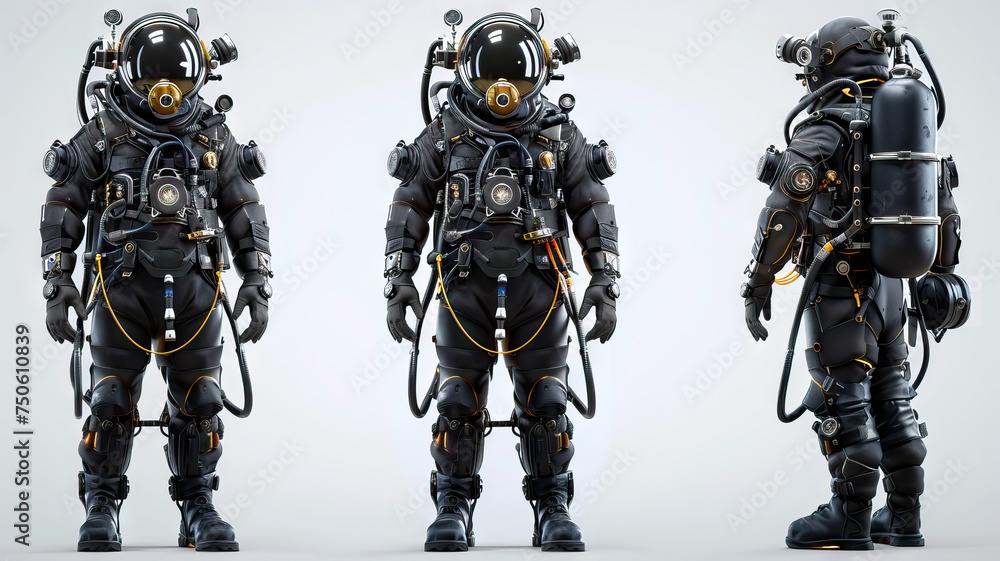Deep Sea Explorer: An intrepid diver in a high-tech diving suit. 3d render in minimal style isolated on white backdrop. Character sheet. Multiple Different Angles