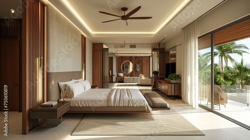 An architectural photograph of an elegant minimalist luxury design hotel room in a hotel.