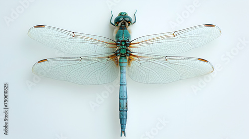 Light blue green dragonfly on white background.  generative ai © Malaika