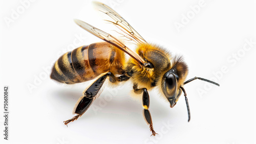 Close-up of a honeybee with wings outstretched on a white backdrop, showcasing minute details.