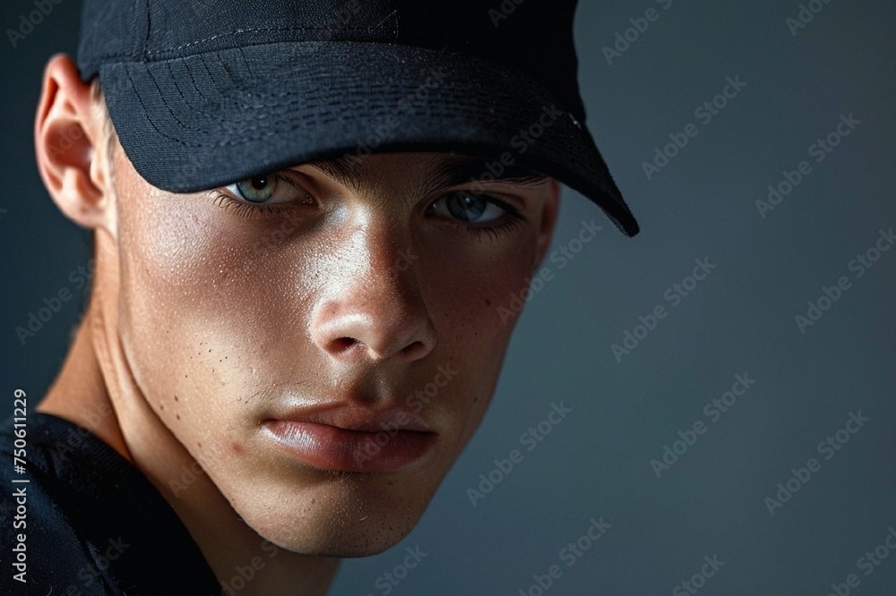 create a clear, high-resolution image of a young athletic man wearing a baseball cap on his head. create a clear, high-resolution image of a young athletic man wearing a baseball cap on his head.