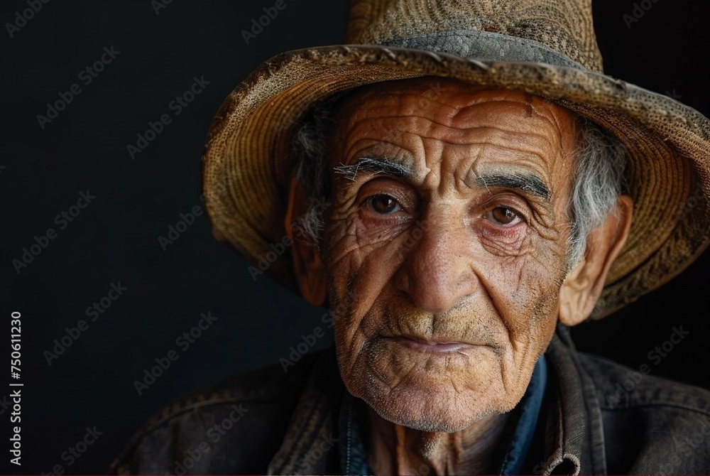 Create a clear, high-resolution image of an elderly man wearing a narrow-brimmed hat on his head. Create a clear, high-resolution image of an elderly man wearing a narrow-brimmed hat on his head.