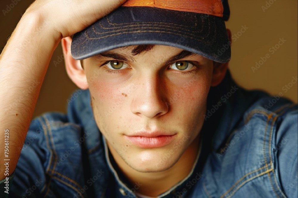 create a clear, high-resolution image of a young athletic man wearing a baseball cap on his head. create a clear, high-resolution image of a young athletic man wearing a baseball cap on his head.