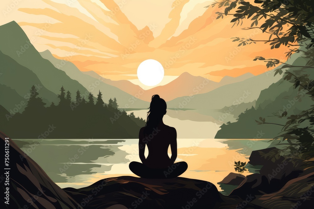 young woman doing yoga in peaceful landscape by lake illustration