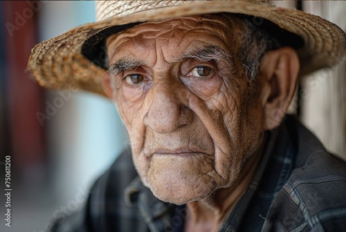 Create a clear, high-resolution image of an elderly man wearing a narrow-brimmed hat on his head.