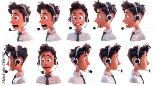 The Office Assistant: An efficient office assistant with a headset. 3d render in minimal style isolated on white backdrop. Character sheet. Multiple Different Emotion