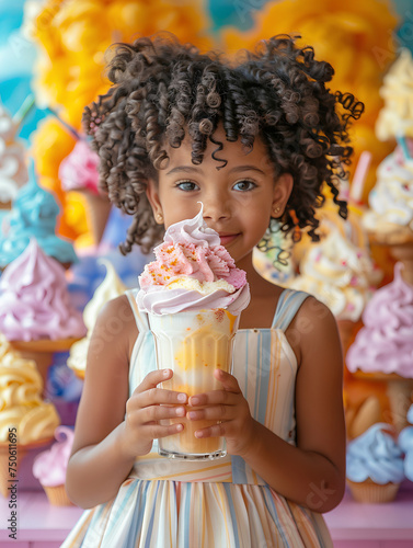 An Afro-American little girl in dress holding a giant milk coctail with her birthday