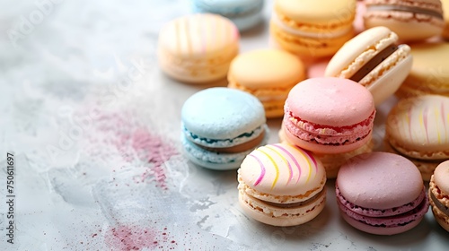 Pastel macarons arranged elegantly on a white uncluttered surface for display. Concept Food Photography, Desserts, Styling, Pastel Colors