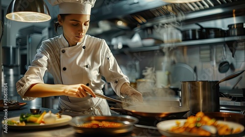 a 40-year-old female chef in action, as she skillfully prepares a gourmet dish in a professional kitchen, showcasing the dedication and culinary mastery acquired over years of experience.