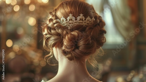 Wedding hair brides hairstyle with crown from behind