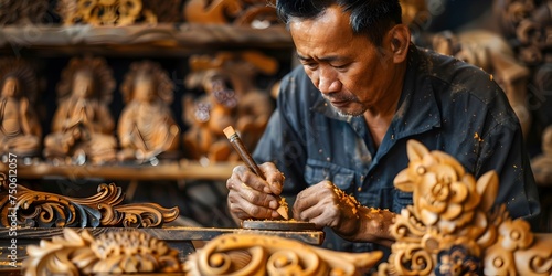 Wood Carver Creating Intricate Wooden Figures in a Workshop