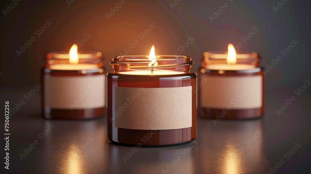 Scented Candles in Amber Jars for Elegant Ambiance. Label mockup for branding and design Scented Candles in Amber Jars for Elegant Ambiance. Label mockup for branding and design