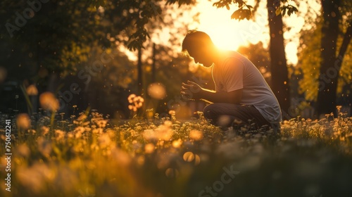 A man prays on his knees in nature
