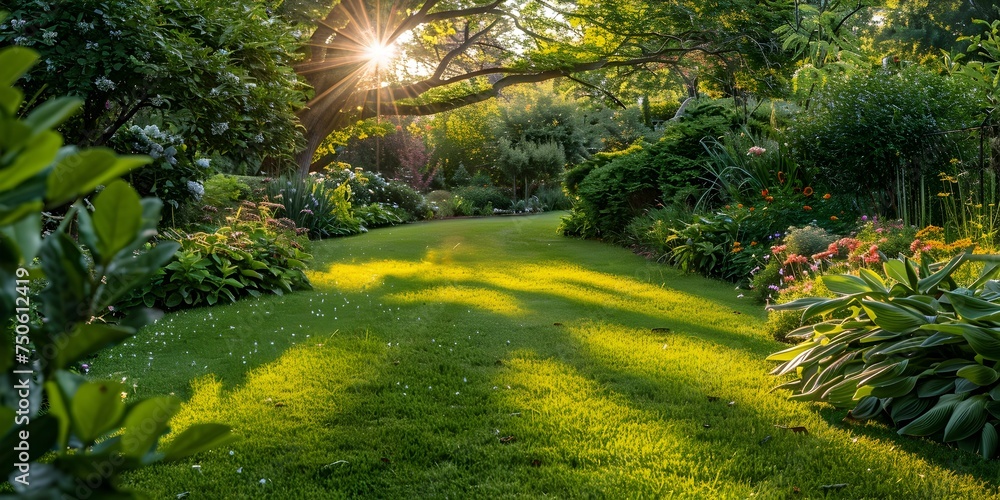 Obraz premium Sunny Garden Walkway with Lush Green Grass