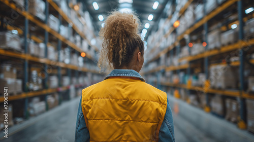 Woman in orange vest in logistics center