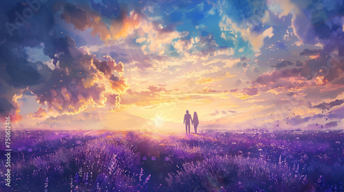 Wild flowers lavender field on horizon romantic young