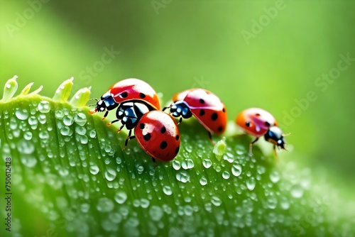 Ladybugs family on a dewy grass. Close up with shallow.