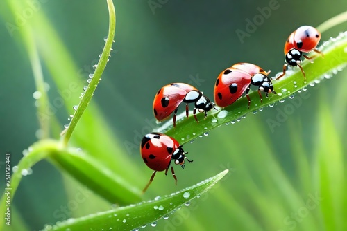 Ladybugs family on a dewy grass. Close up with shallow.