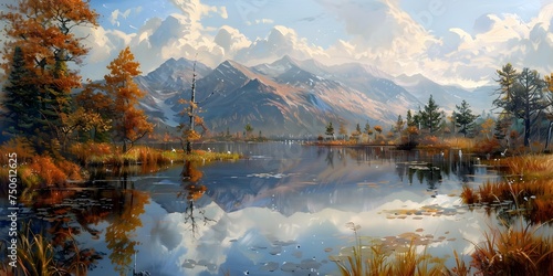 Autumn Mountains Reflected in a Lake Realistic Watercolor Wallpaper