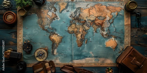 Vintage World Map with Travel Accessories