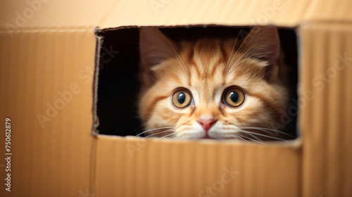 A cat peeks out of a cardboard box a cute cat