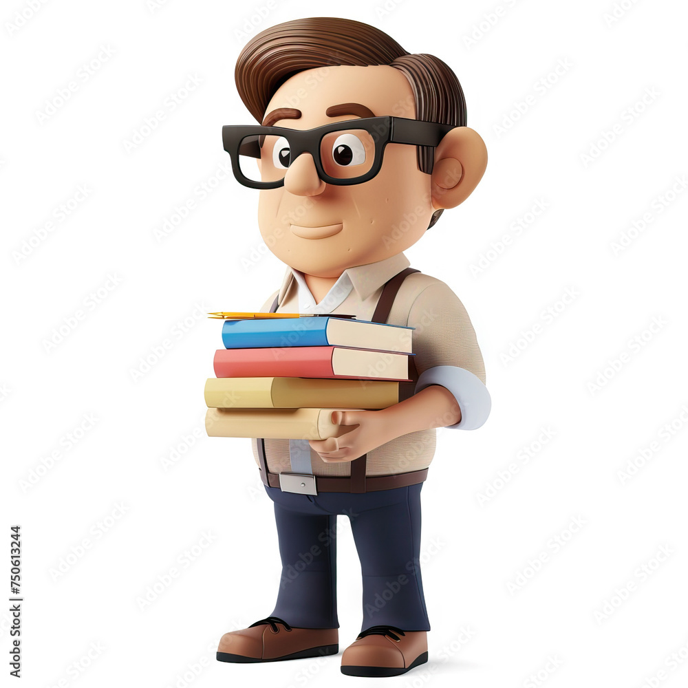 The Teacher: A dedicated educator with glasses and a stack of textbooks. 3d render in minimal style isolated on white backdrop