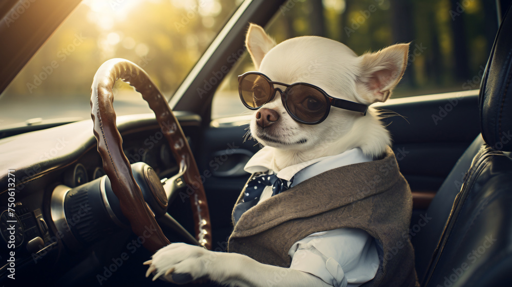 A dog in clothes is driving a car humor joke - obrazy, fototapety, plakaty 