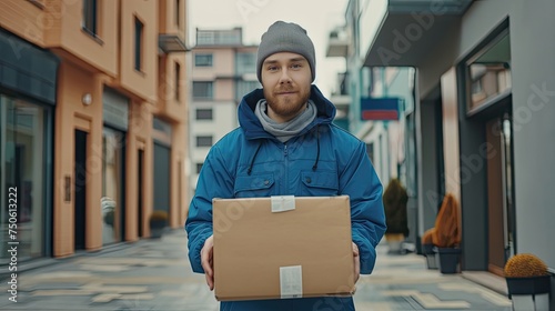 delivery service with a realistic photo of a delivery guy holding a package, showcasing the convenience and professionalism synonymous with the brand. photo