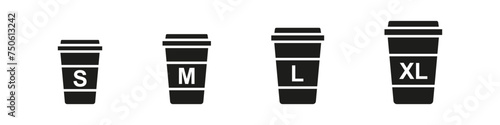 Coffee cup size set. Small middle large and xl size for paper cups vector set. Coffee menu icons isolated on white background.