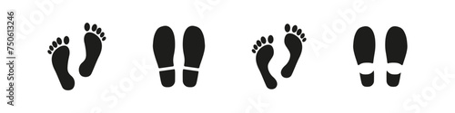 Foot print sign. Human footprint icon. Shoe step vector symbol. Barefoot walk isolated on white background. Man imprint silhouette set.