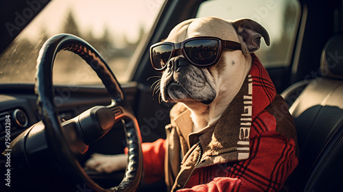 A dog in clothes is driving a car humor joke