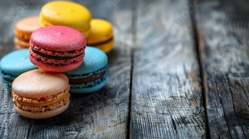 Tempting Dessert: Colorful Macarons on Rustic Wooden Surface. Concept Dessert Photography, Colorful Food Styling, Rustic Background, Vibrant Macarons, Sweet Treats photo