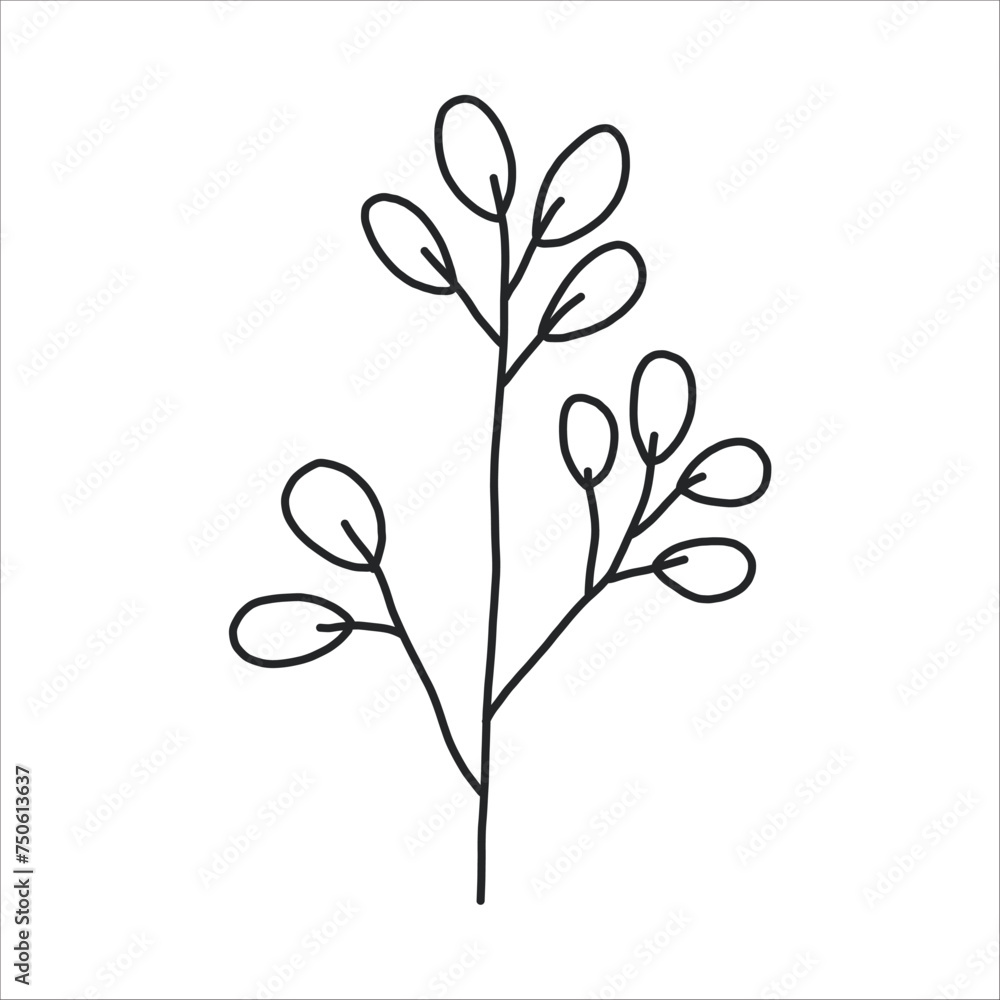 Black silhouette of a plant branch. Flower branch in outline style hand drawn on isolated white background. Vector stock illustration. Tropical leaves. Minimal line art for print, cover or tattoo. 