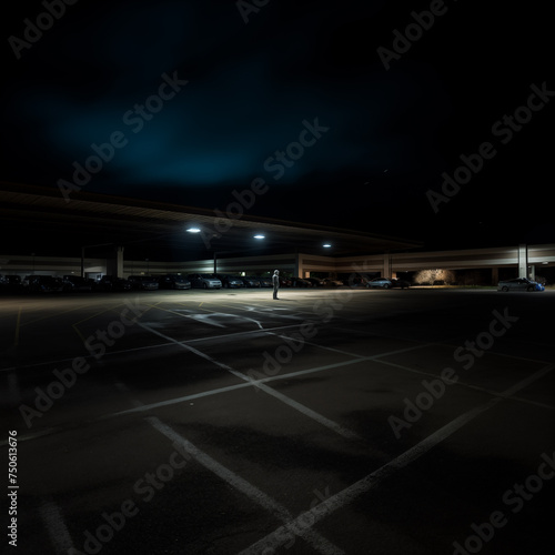 blur carpark in supermarket a man astronaut in a suit stands in the middle of a parking lot on the street late in the evening, night, dark