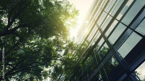 Modern architecture meets nature, a play of light, and reflections amidst the greenery.