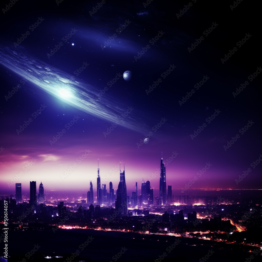 illustration of a meteor over the city. neon view of the city, the sky glows, planets and stars are visible. black and dark skyscraper city silhouette