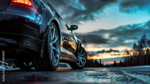 Selective focus on black car rear wheel. Exterior of modern car on the road at sunset. © graja