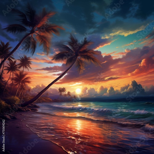 A beautiful sunset over a tropical desert island. The sunset illuminates the silhouette of a palm tree and the fluffy clouds. Warm water laps against the soft sand. © Dm