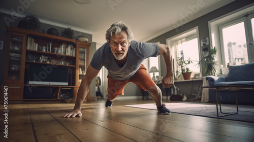 Senior man exercising at home
