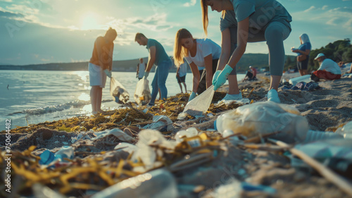 Volunteers cleaning a beach at sunset, showing environmental stewardship. photo