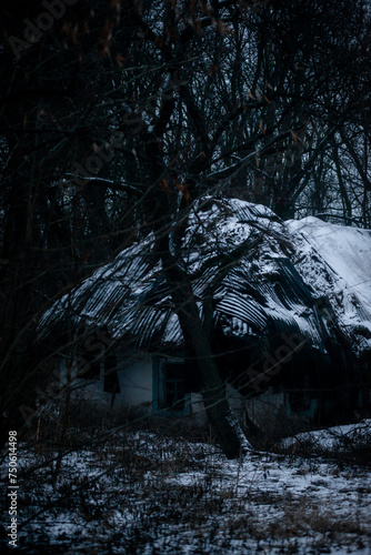 Abandoned house in the forest village at winter. Mystery landscape archittcture. Evening at village. Snow on the roof photo