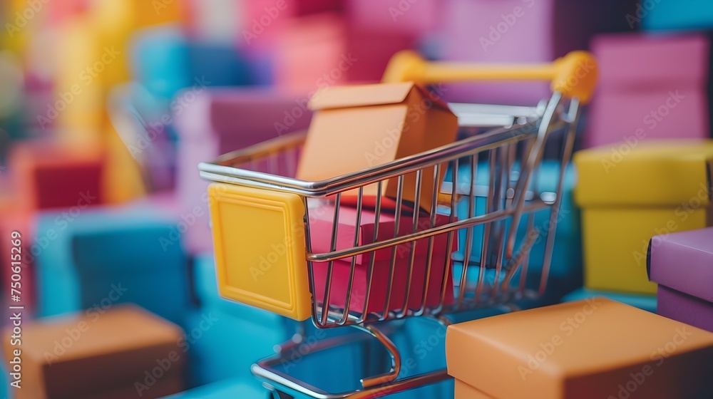 Shopping Cart Surrounded by Colorful Boxes in Abstract Composition